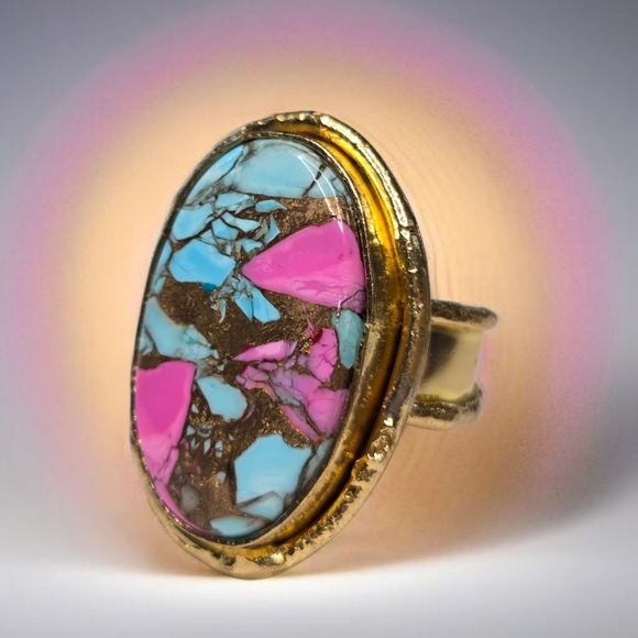 Designer Jewelry - 18k Gold Plated Cotton Candy Turquoise Statement Ring